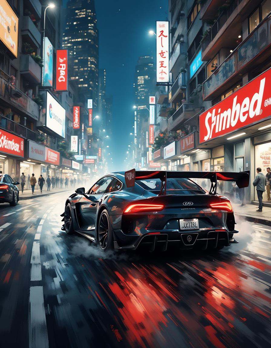 race car speeding down a futuristic city street at night,  neon reflections streaking off the car’s surface,  tires kickin...