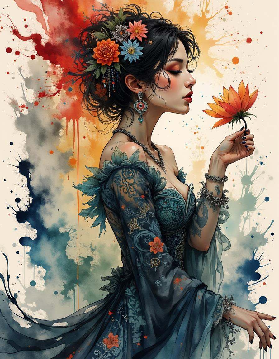 A mystical woman in an ornate,  swirling-patterned dress,  her body seamlessly blending into a vibrant abstract splatter p...