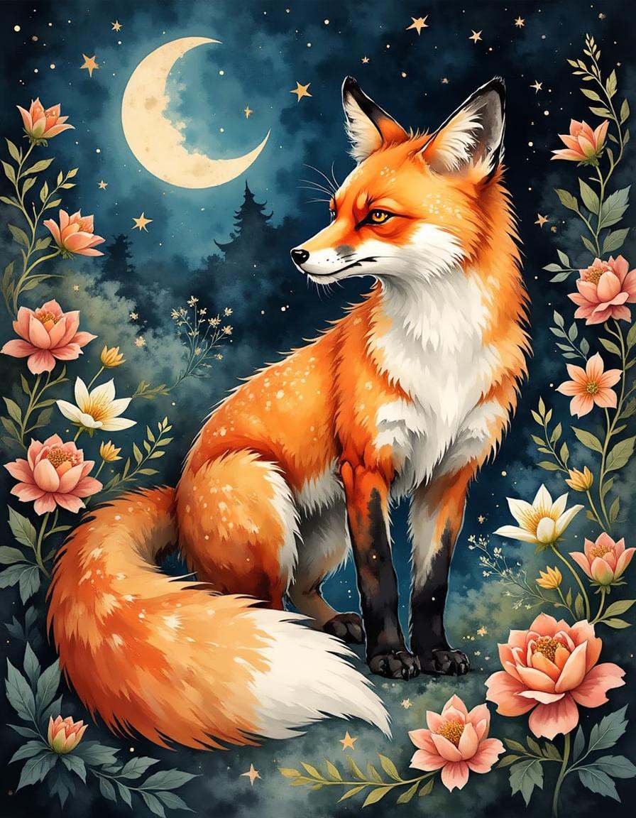 a mystical fox spirit glowing with golden translucent tails dancing under a starry night sky surrounded by intricate flowe...