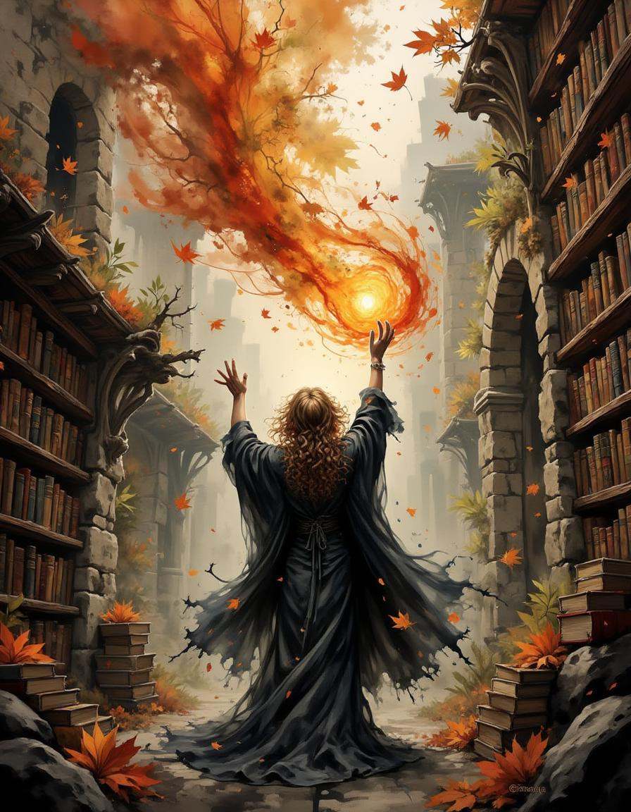 A powerful sorceress stands at the center of a swirling tornado of autumn leaves,  her long,  curly brown hair and tattere...
