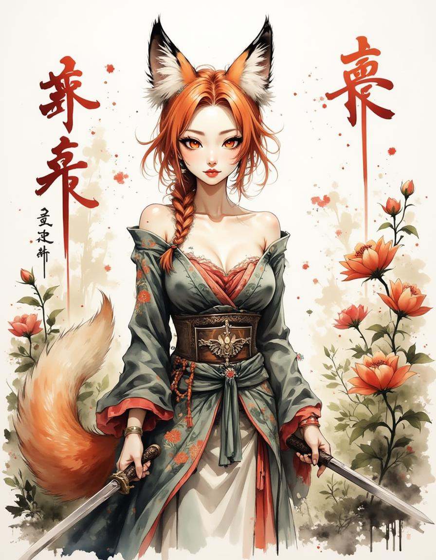 A woman with fox ears and a tail,  wearing an ornate dress with floral patterns and holding a sword,  stands in a garden w...