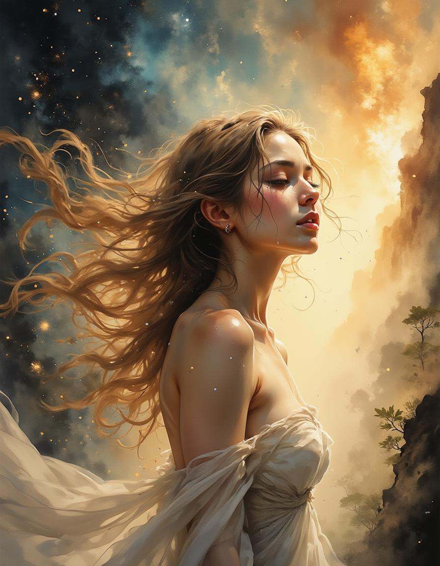 A radiant young woman with flowing,  ethereal hair sways in a soft cosmic breeze,  surrounded by shimmering streams of sta...