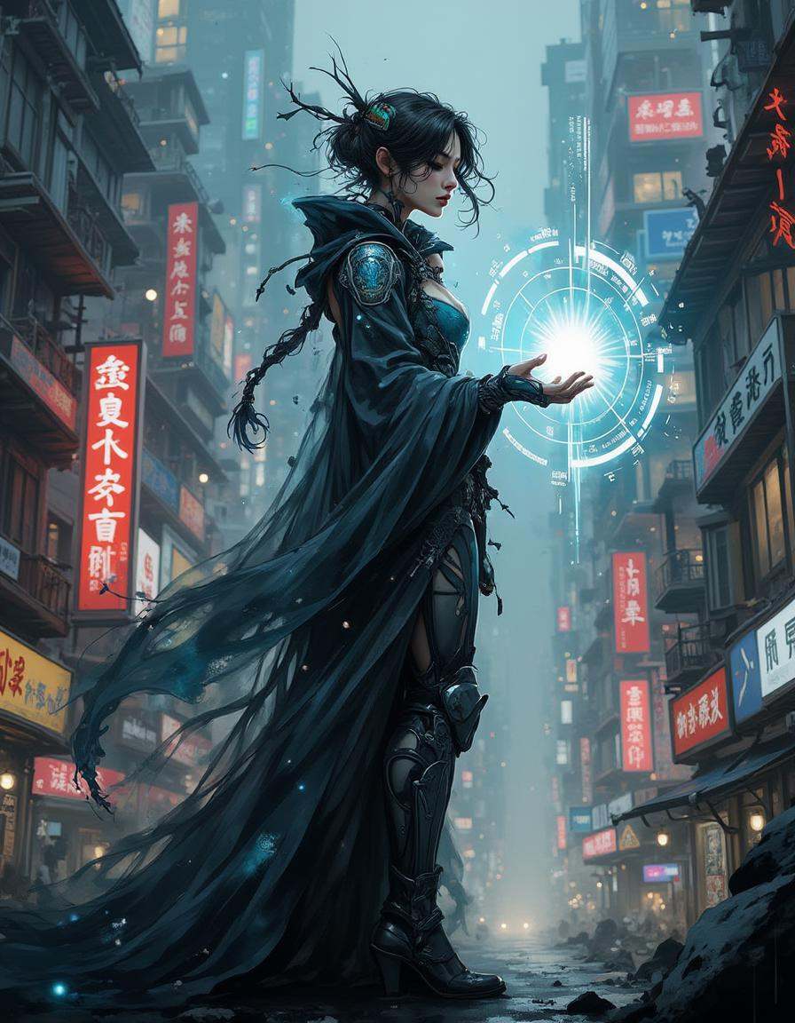 A cyber-sorceress with mechanical arms stands on a platform high above a neon-lit city,  casting a spell that manipulates...