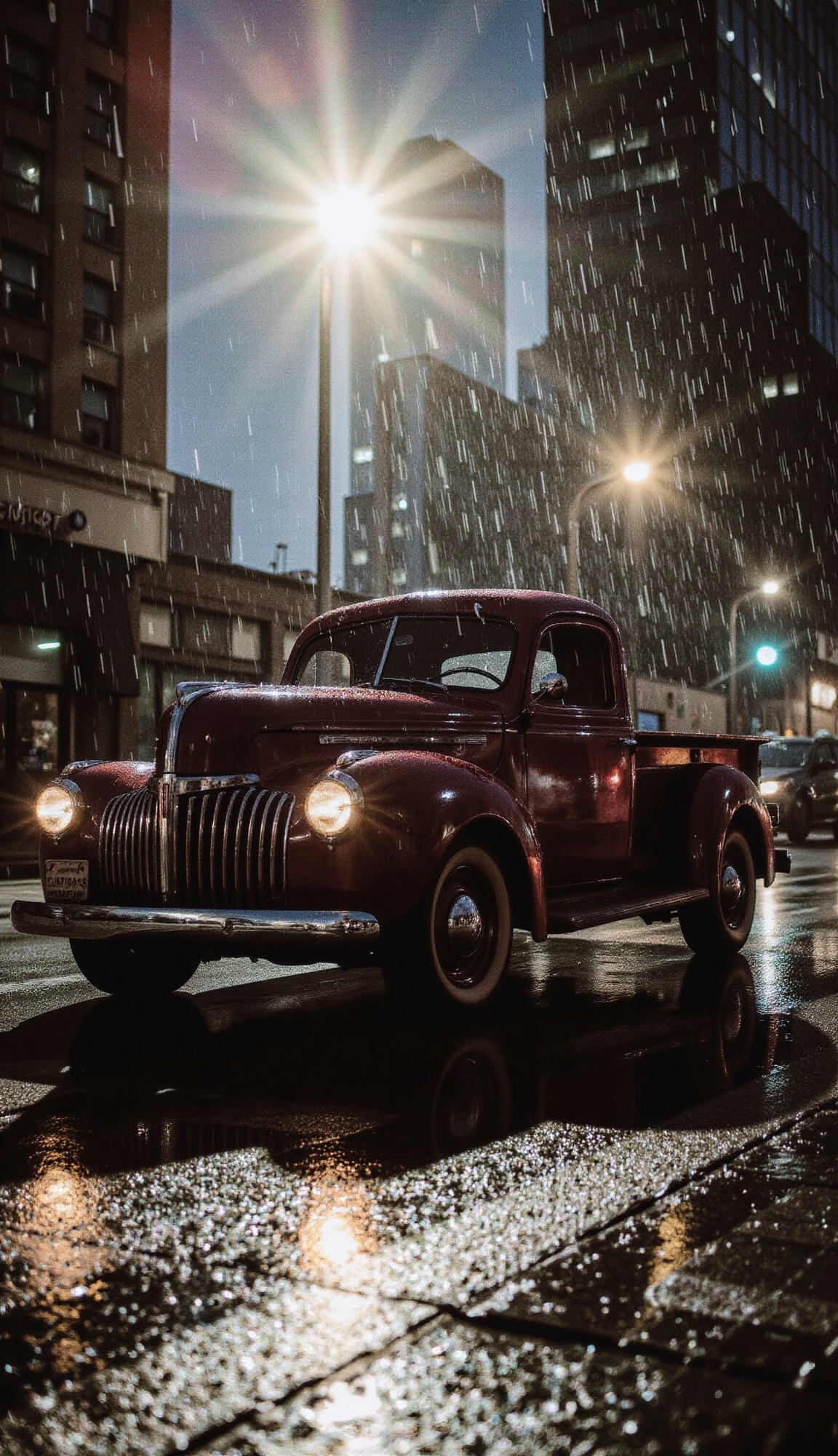 A gritty scene unfolds: a 1940s International Harvester pickup truck lit by a bright strobe light,  with shadows scatterin...