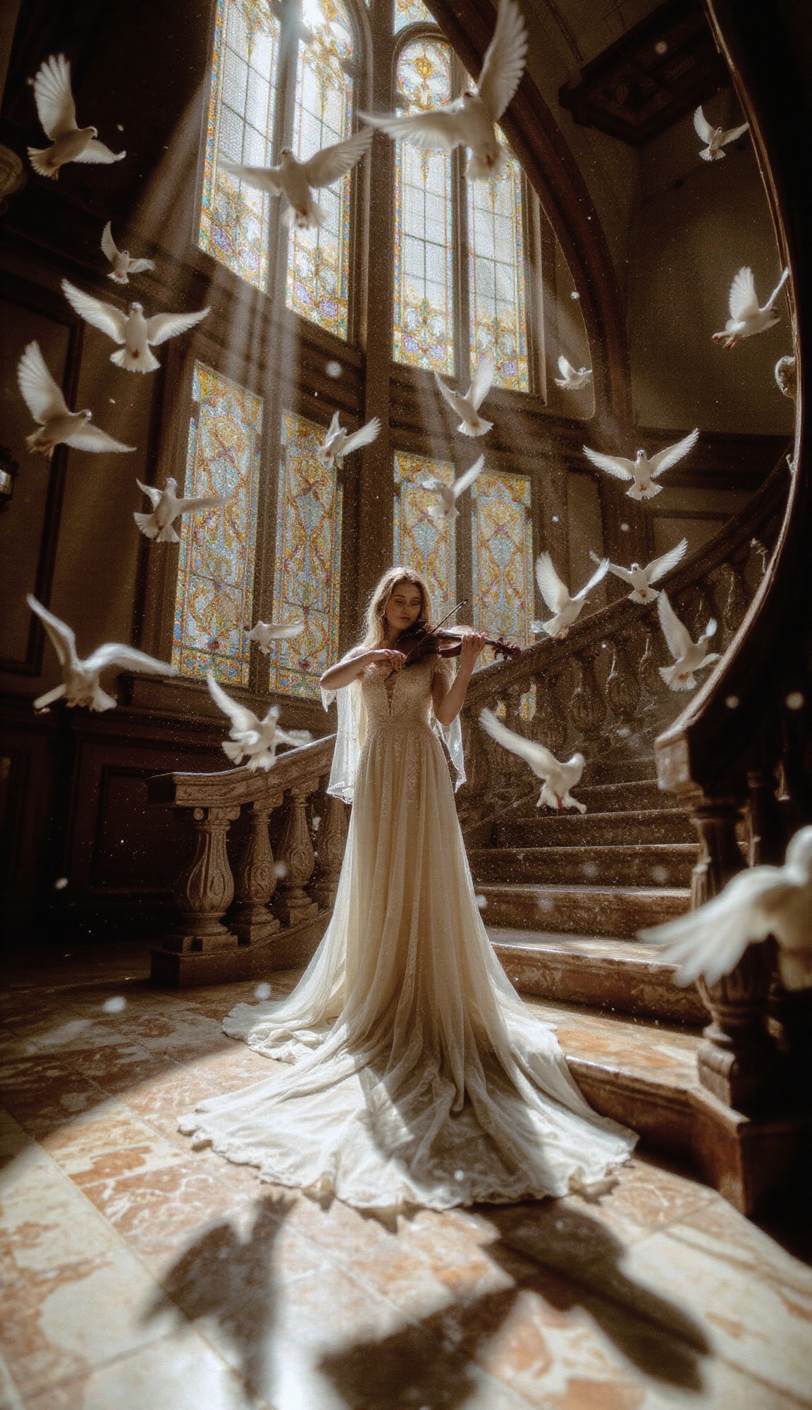 An ultra-wide,  low-angle cinematic scene of a graceful white-long hair woman in an elegant flowing white gown standing on...
