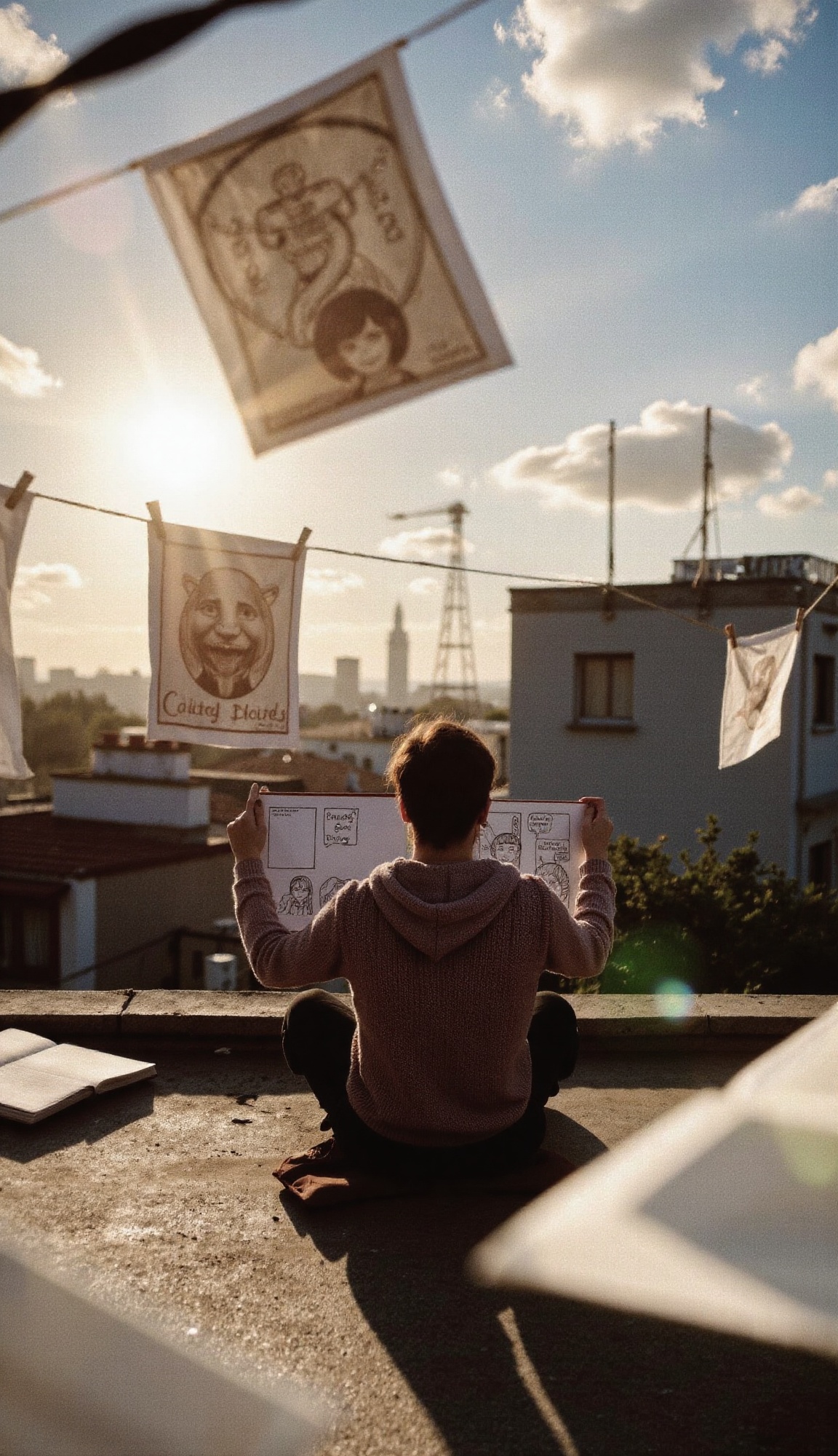 A man clads in hoody sweater sits on the rooftop pauses while hanging storyboards to dry,  framed by clotheslines and open...