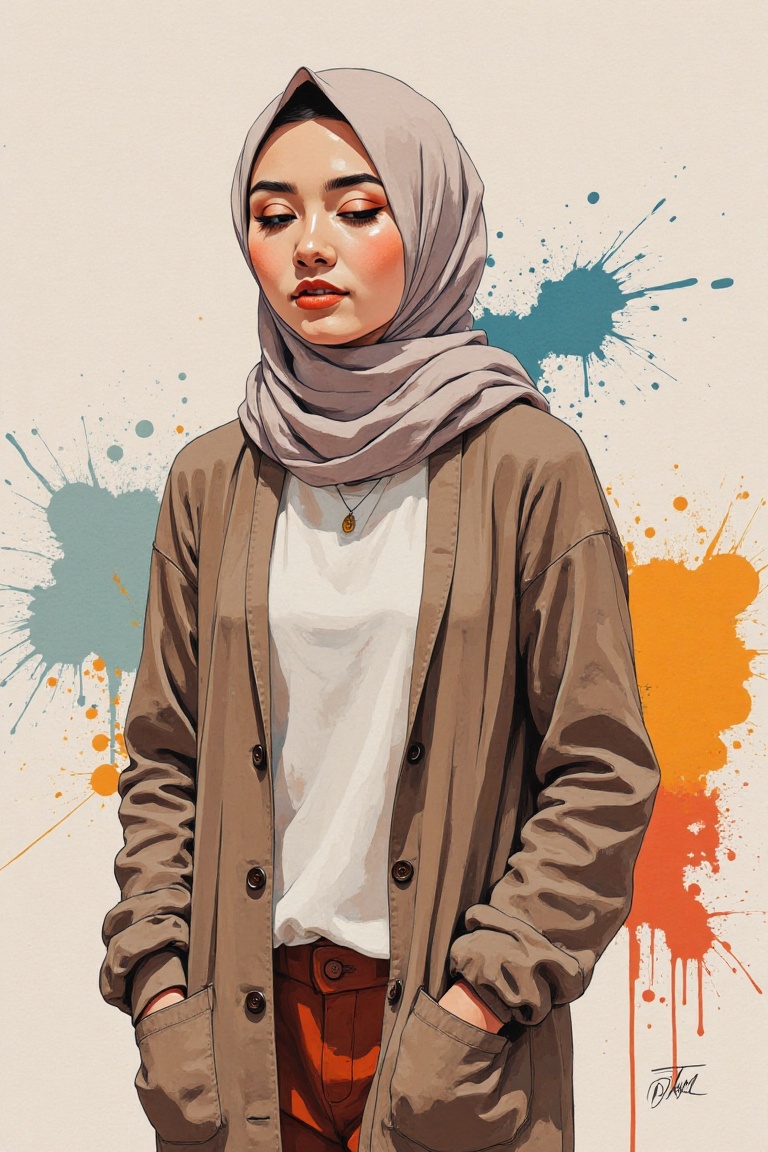 A semi-realistic portrayal of a Malay woman in watercolor and ink style,  featuring abstract splashes of vibrant colors. S...