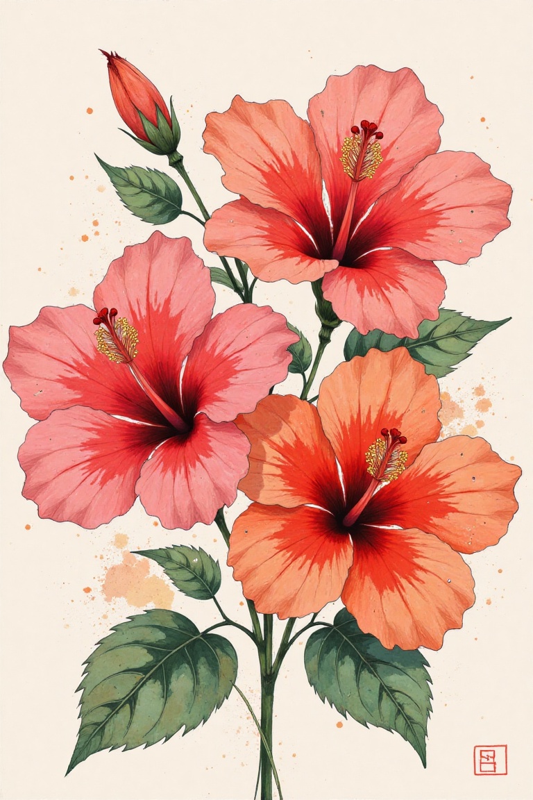 A semi-realistic artwork featuring hibiscus flowers in watercolor and ink style. Vibrant petals bloom with artistic flair,...
