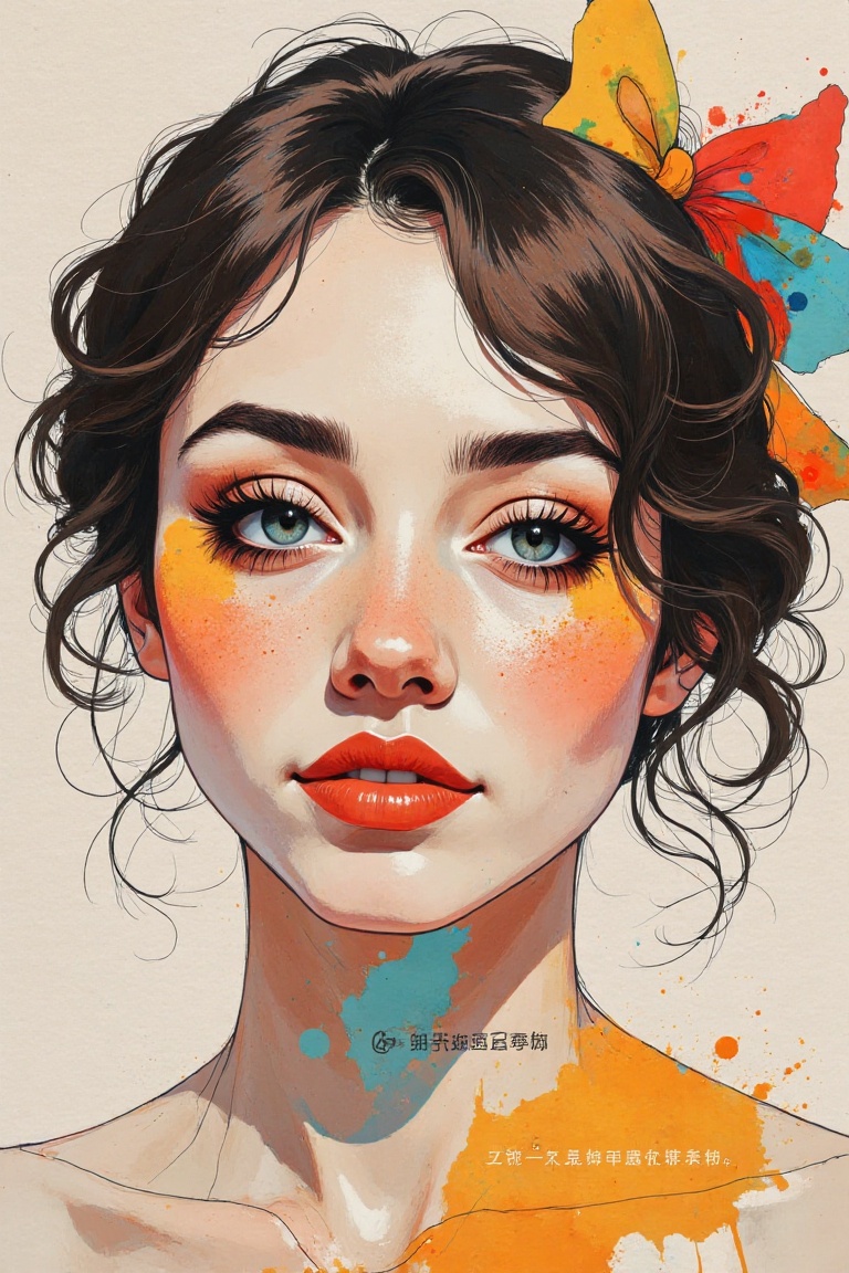 A semi-realistic woman’s face painted in watercolor and ink,  featuring abstract splashes of vibrant colors. Her unique be...