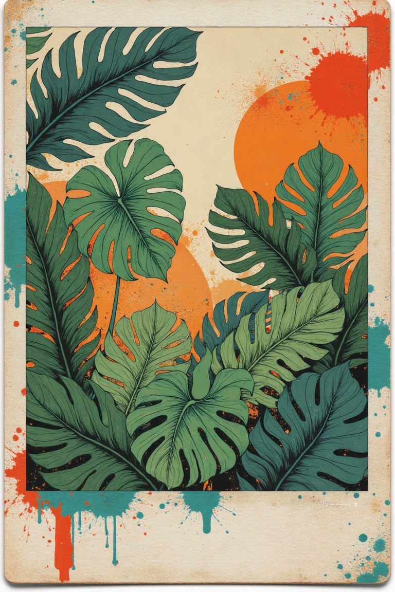 A retro Polaroid-inspired design with tropical leaves in semi-realistic watercolor and ink style. Vibrant,  8-Bit RGB colo...