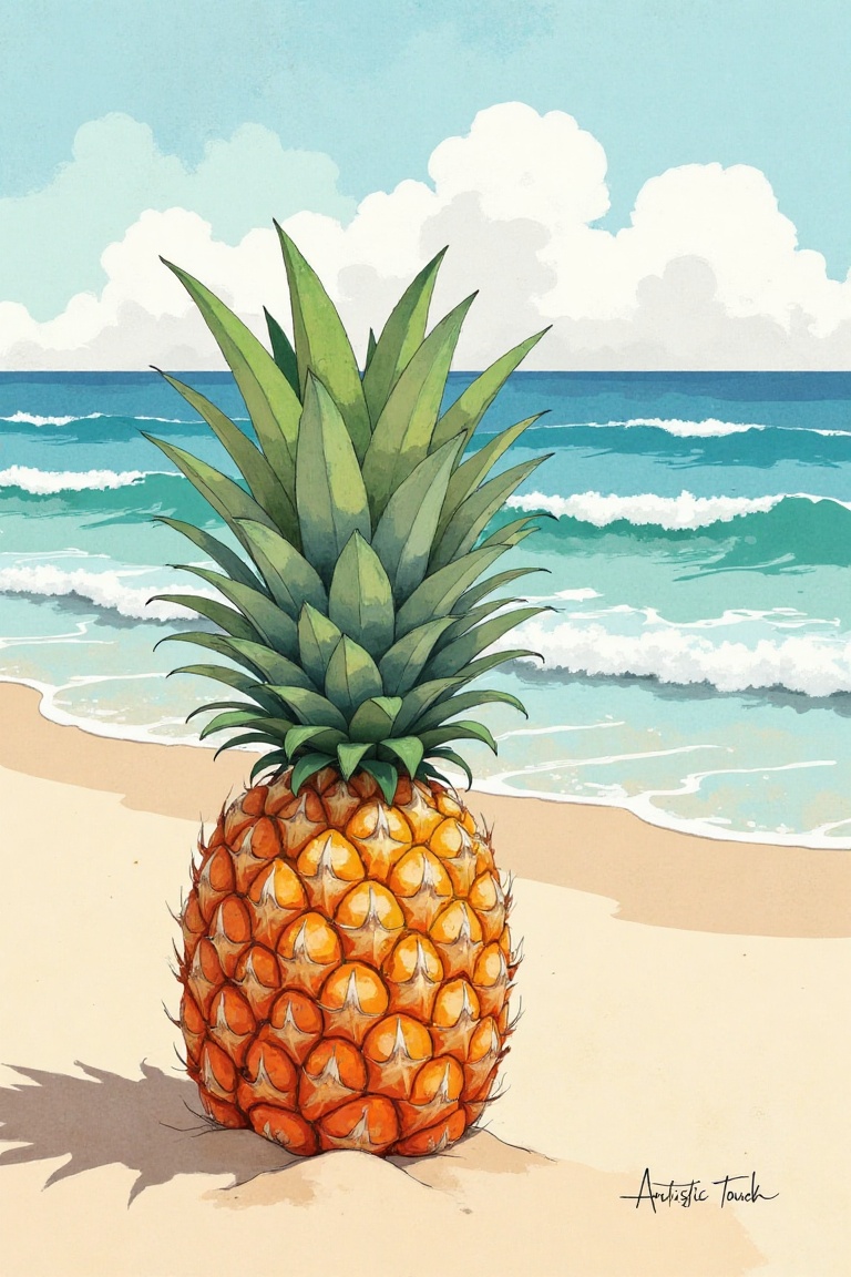 A semi-realistic scene featuring a pineapple on a serene beach by the ocean,  rendered in watercolor and ink style. The co...