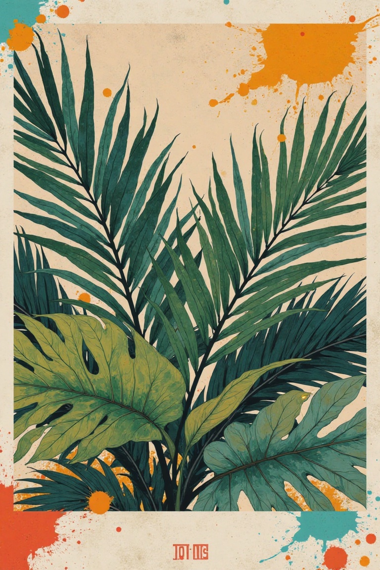A retro Polaroid-inspired design with tropical leaves in semi-realistic watercolor and ink style. Vibrant,  8-Bit RGB colo...