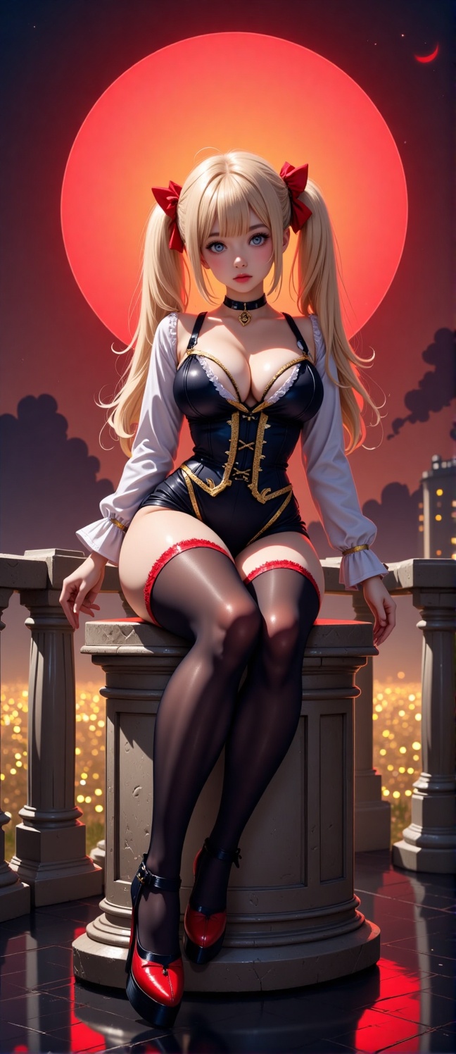 The image depicts a stylized,  anime-style character sitting on a decorative stone pedestal. The character has long blonde...