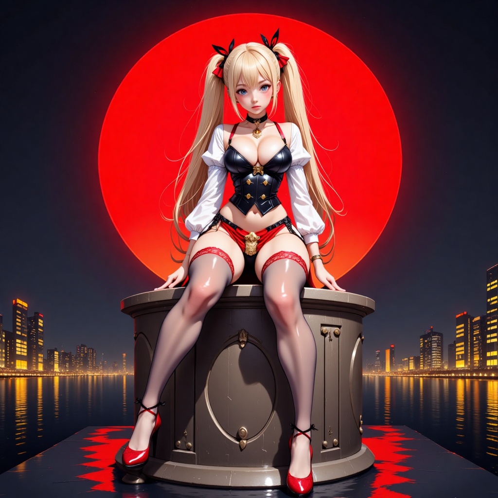 The image depicts a stylized,  anime-style character sitting on a decorative stone pedestal. The character has long blonde...