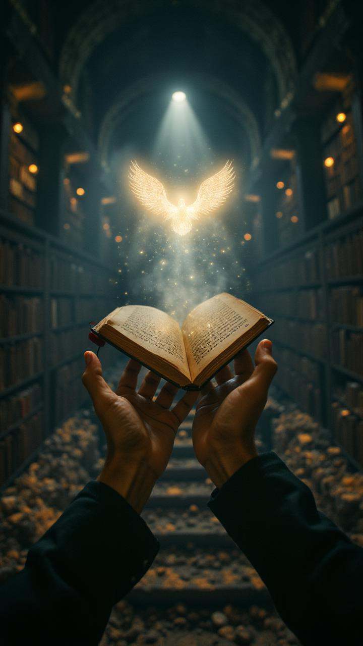 Hands reaching for a floating book,  glowing runes,  mystical library on Tensor.Art