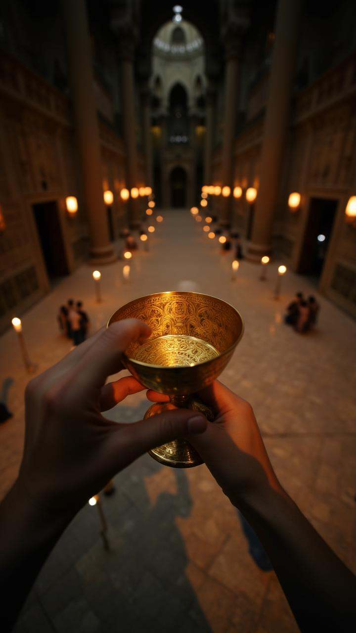 Two hands,  one holding a golden chalice filled with shimmering liquid,  the other gently tracing the intricate patterns e...