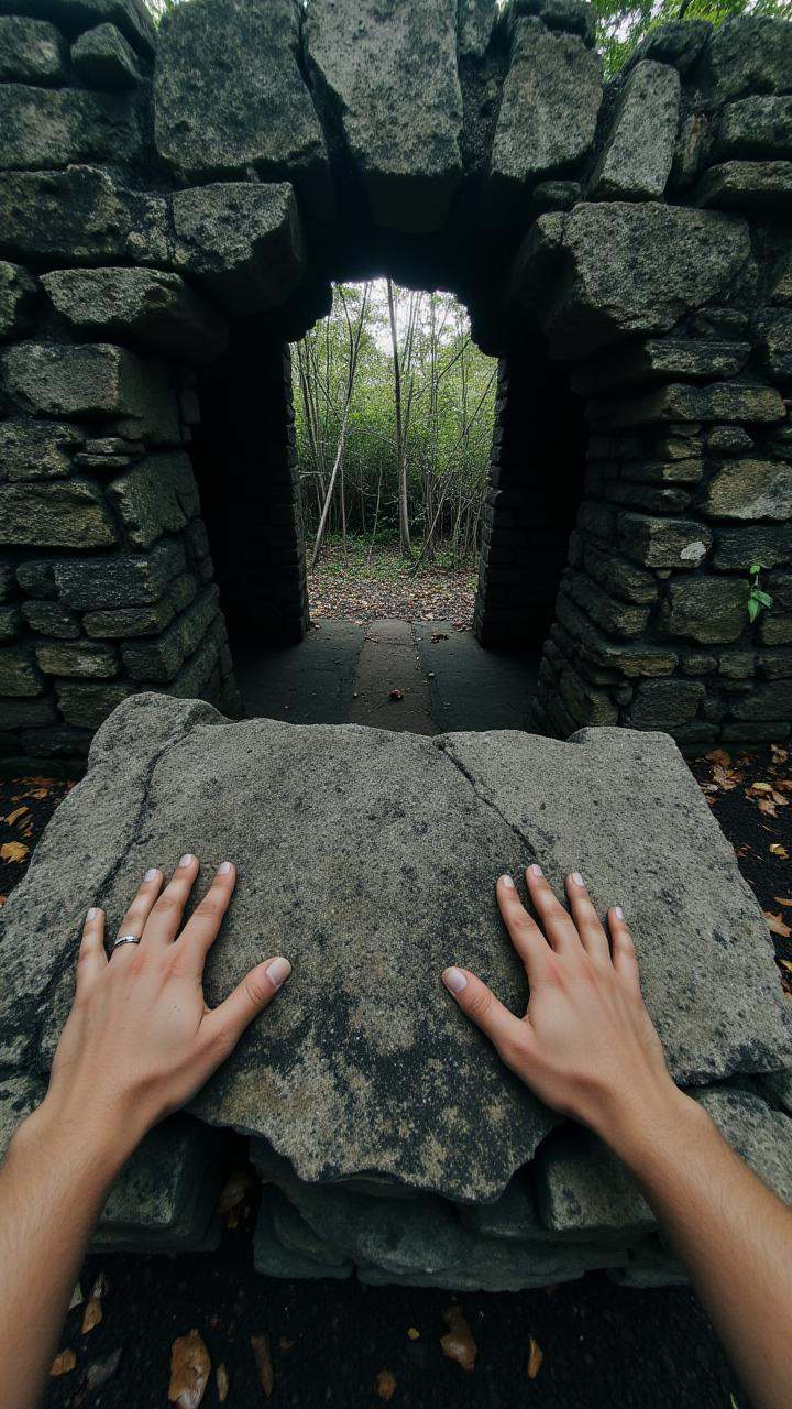 2 hands,  pushing a heavy stone slab,  hidden entrance on Tensor.Art
