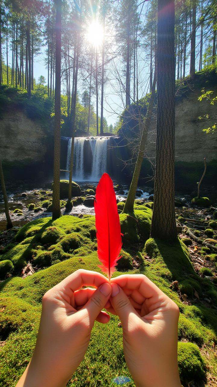 Delicate hands carefully lift a single red feather from the ground,  the bright color vivid against the soft mossy forest...
