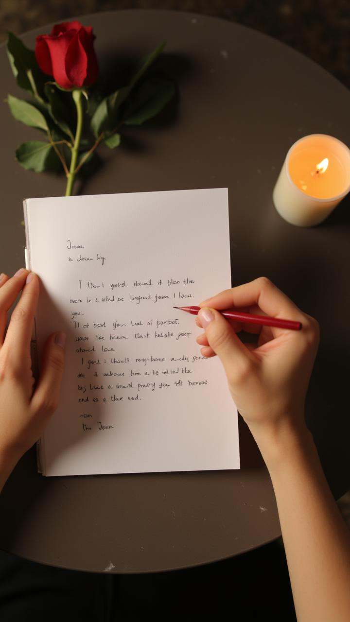 Writing a love letter - Hands gently folding a freshly written love letter,  with a rose and candle flickering nearby. ,...