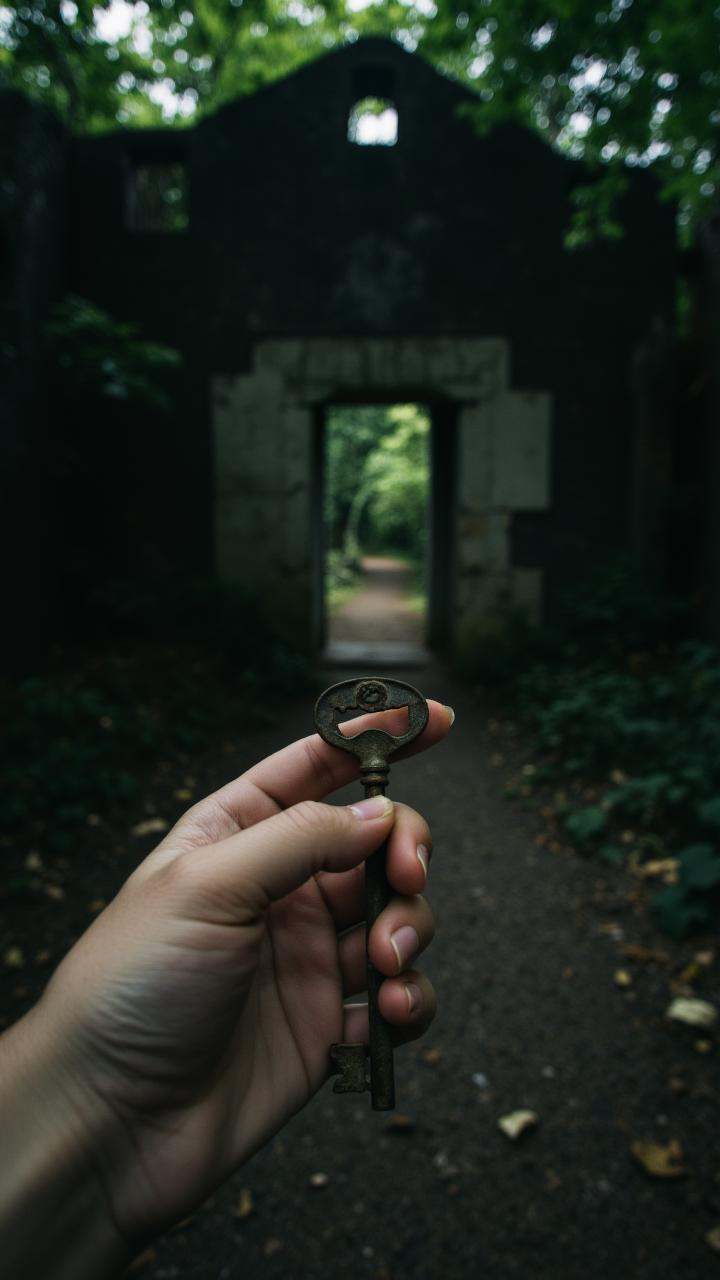 Hands holding a rusted key,  ancient door in front,  dark and overgrown ruins on Tensor.Art