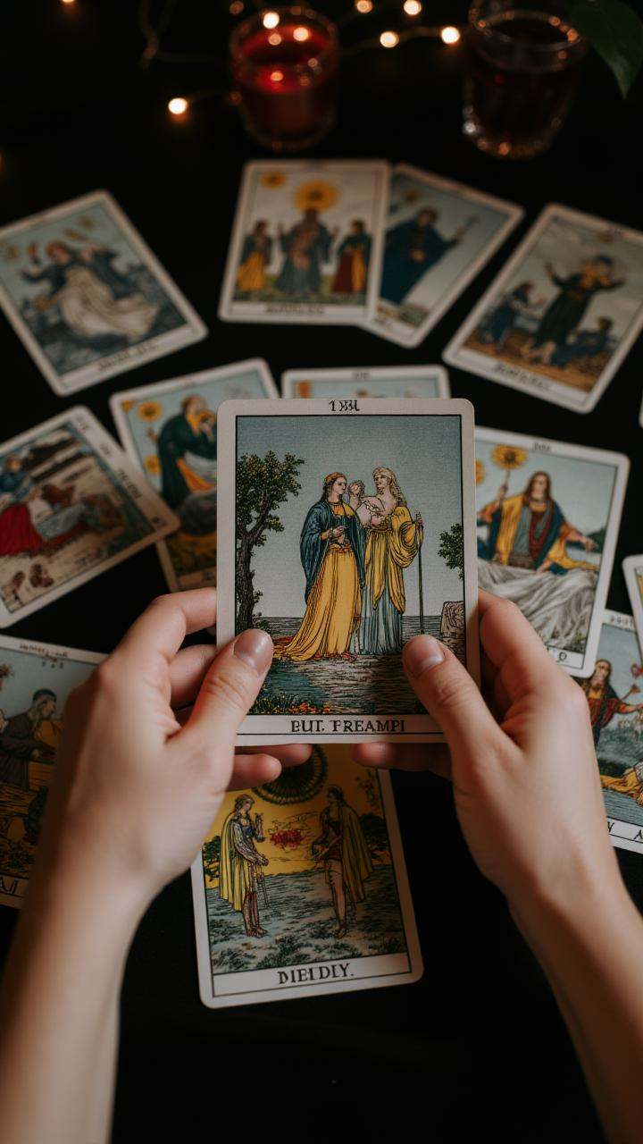 Reading tarot cards - Hands hovering over a set of tarot cards laid out on a table,  preparing for a mystical reading. ,...