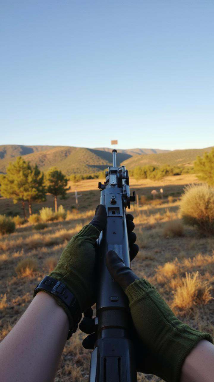 2 hands,  steadying a rifle,  aiming at a distant target on Tensor.Art