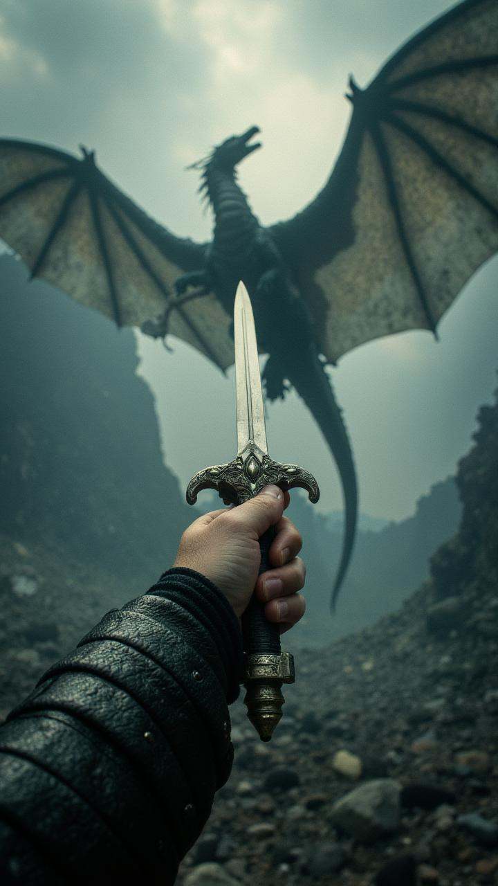 Grasping a sword handle - Hands tightly gripping a sword handle,  poised for an epic battle with a fierce dragon overhead....