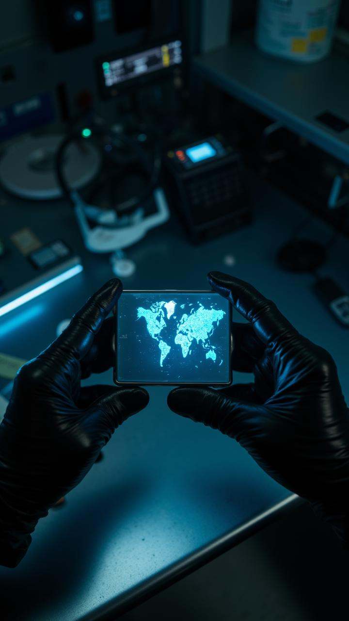 Hands covered in black leather gloves hold a glowing,  holographic map projected from a small metallic device. The surroun...