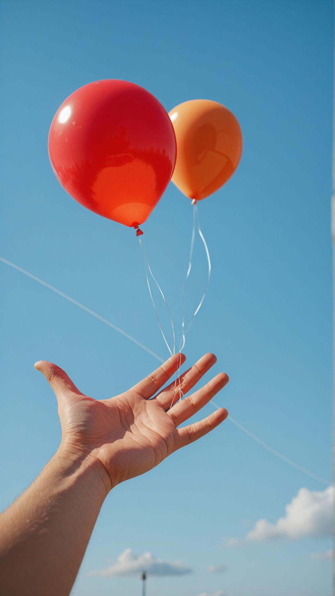 A single outstretched hand reaching toward a floating red balloon,  the string slipping just out of reach against a bright...