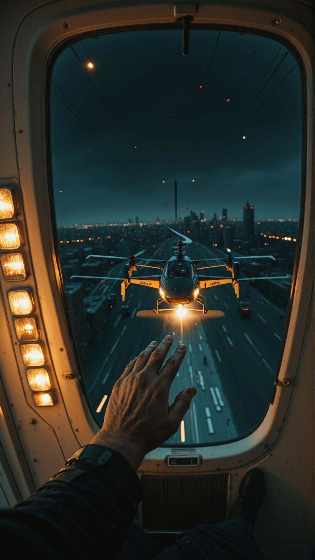 2 hands,  gripping the edge of a helicopter door,  wind rushing past as a city sprawls below on Tensor.Art