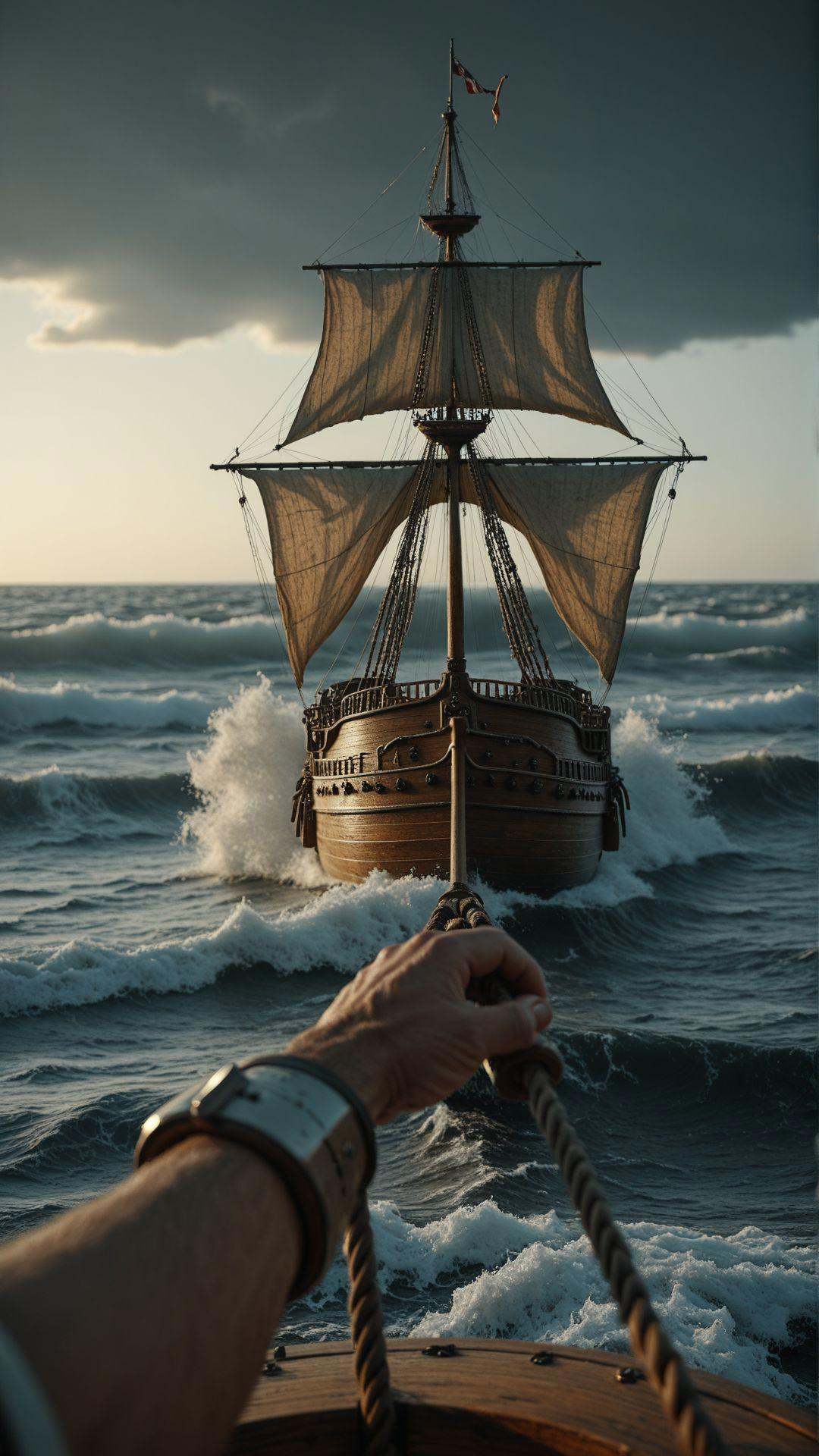 2 hands,  gripping the wheel of an old wooden ship,  a storm raging in the distance on Tensor.Art