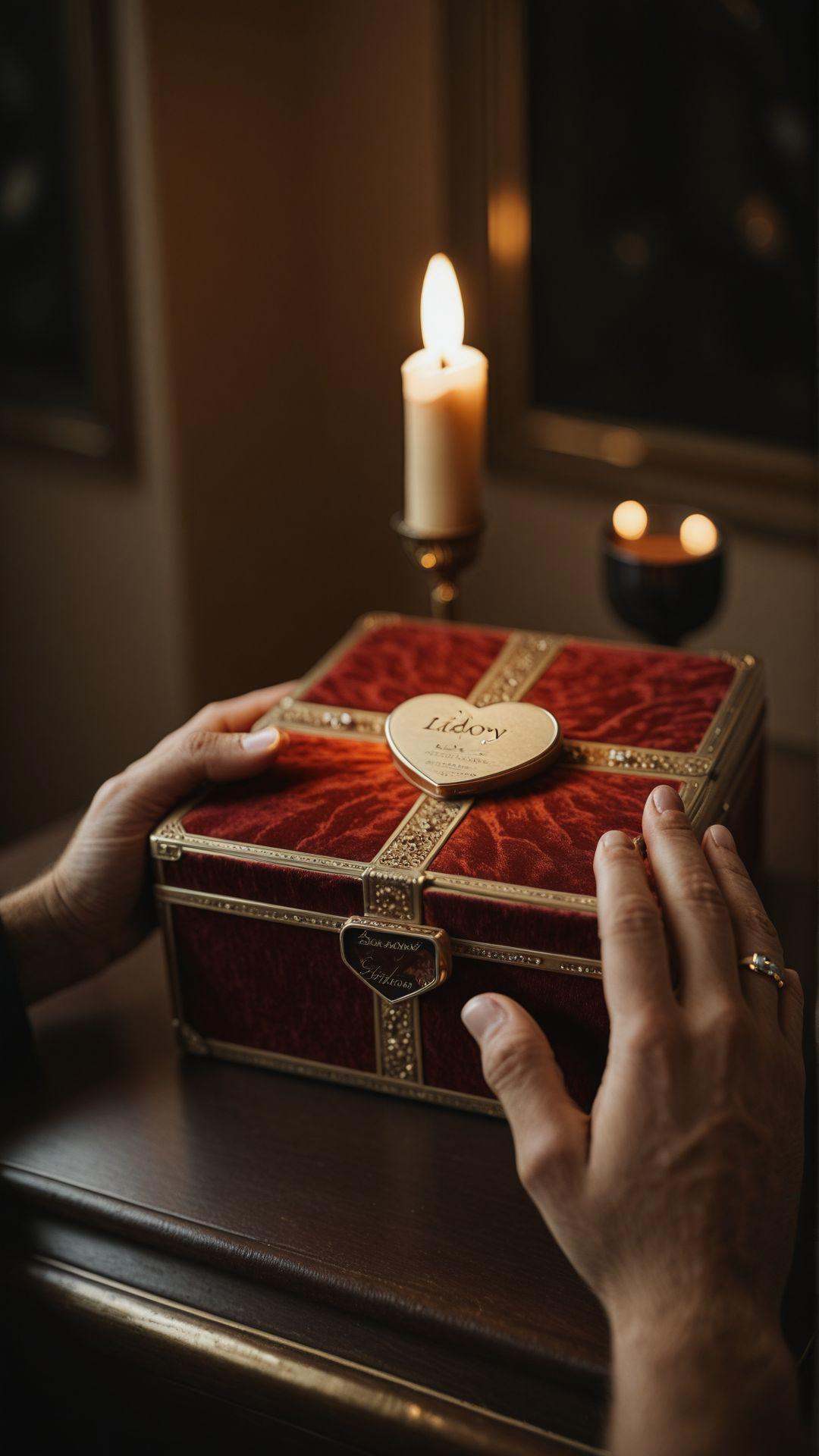 2 hands,  gently placing an engagement ring into a velvet jewelry box,  warm golden candlelight flickering in the backgrou...