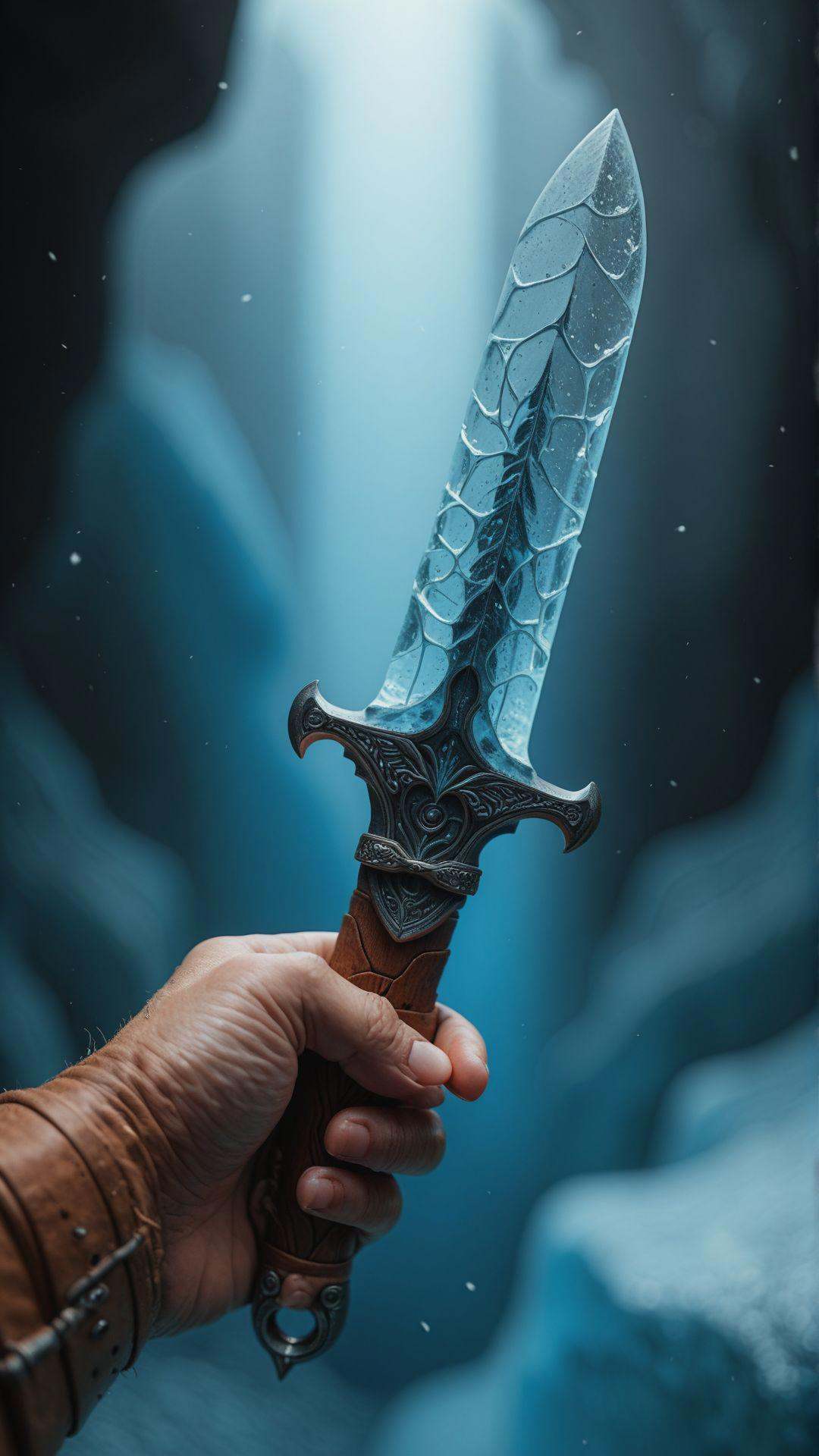 1 hand,  gripping the hilt of a dagger carved from ice,  frost forming on the skin as the blade glows with an ethereal blu...