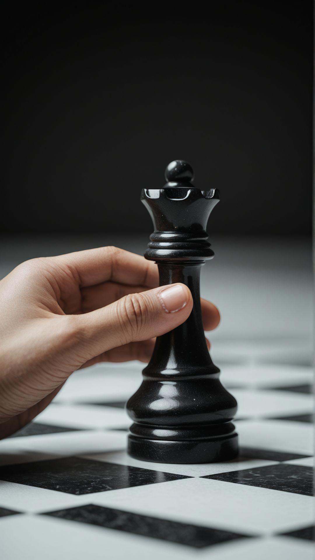 1 hand,  holding a smooth black chess piece,  hesitating before making the final move of the game. (hyper realistic on Ten...