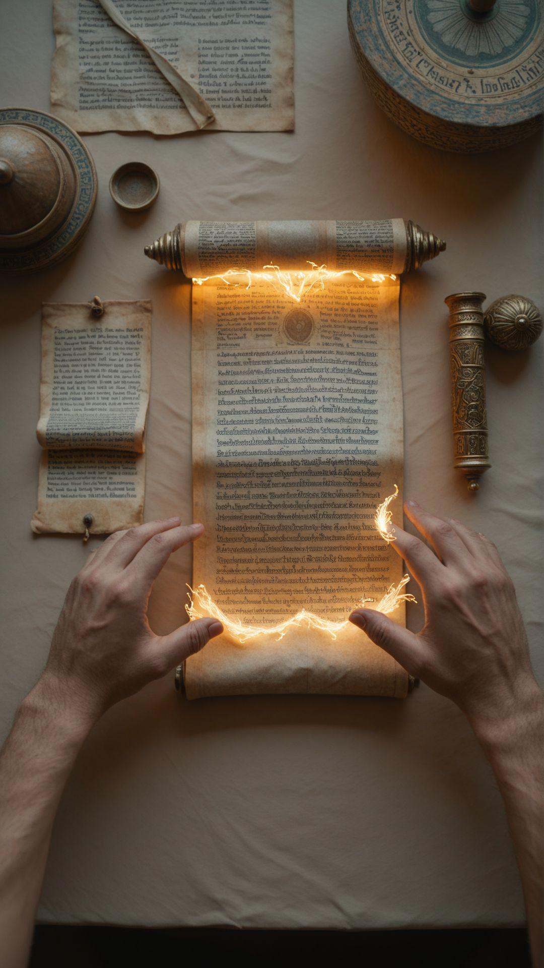 Two hands carefully unrolling an ancient scroll,  the faded parchment revealing intricate,  glowing symbols that seem to s...