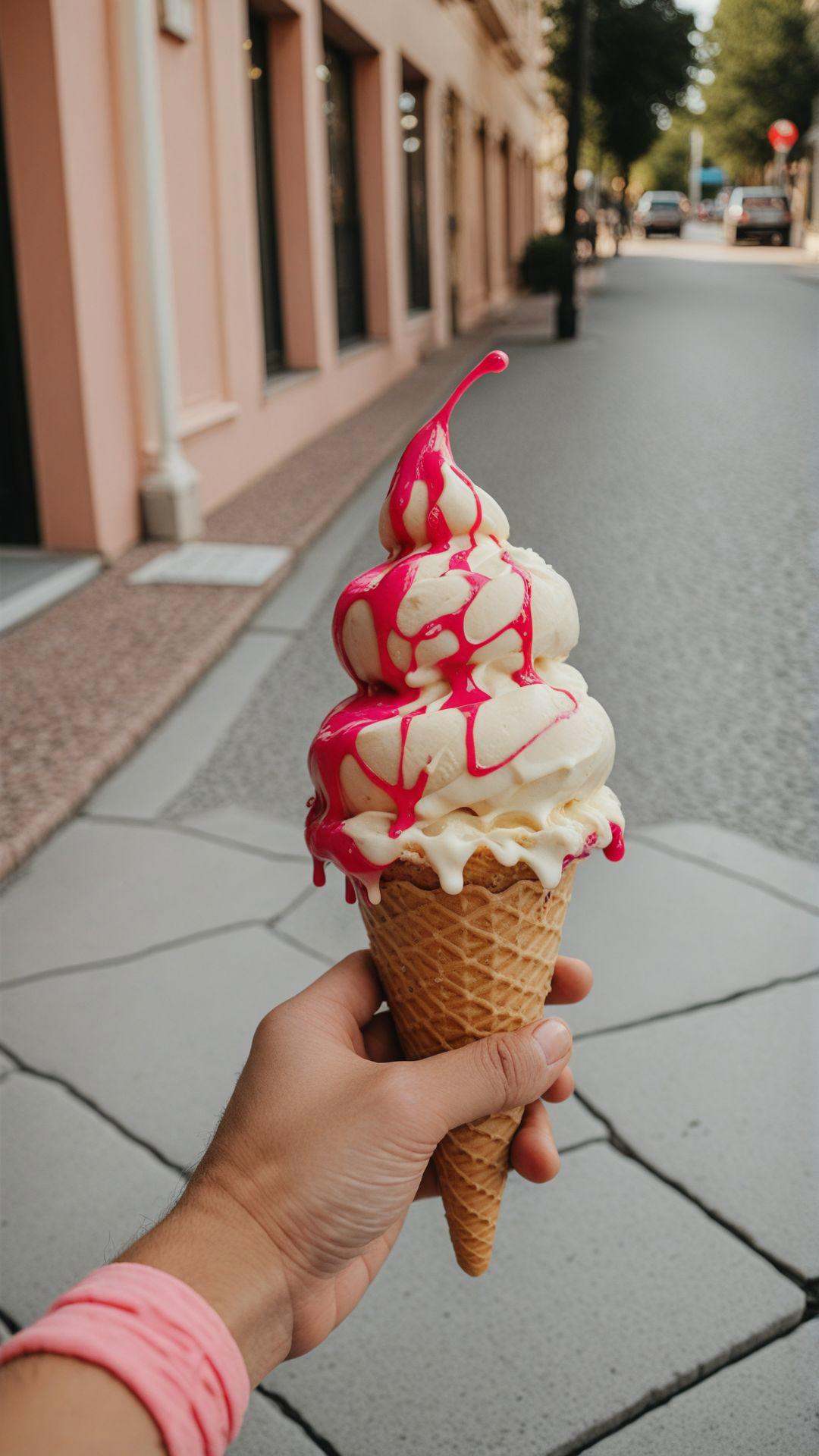 A single hand holding a melting ice cream cone on a hot summer day,  the bright pink scoop dripping down onto sunlit pavem...
