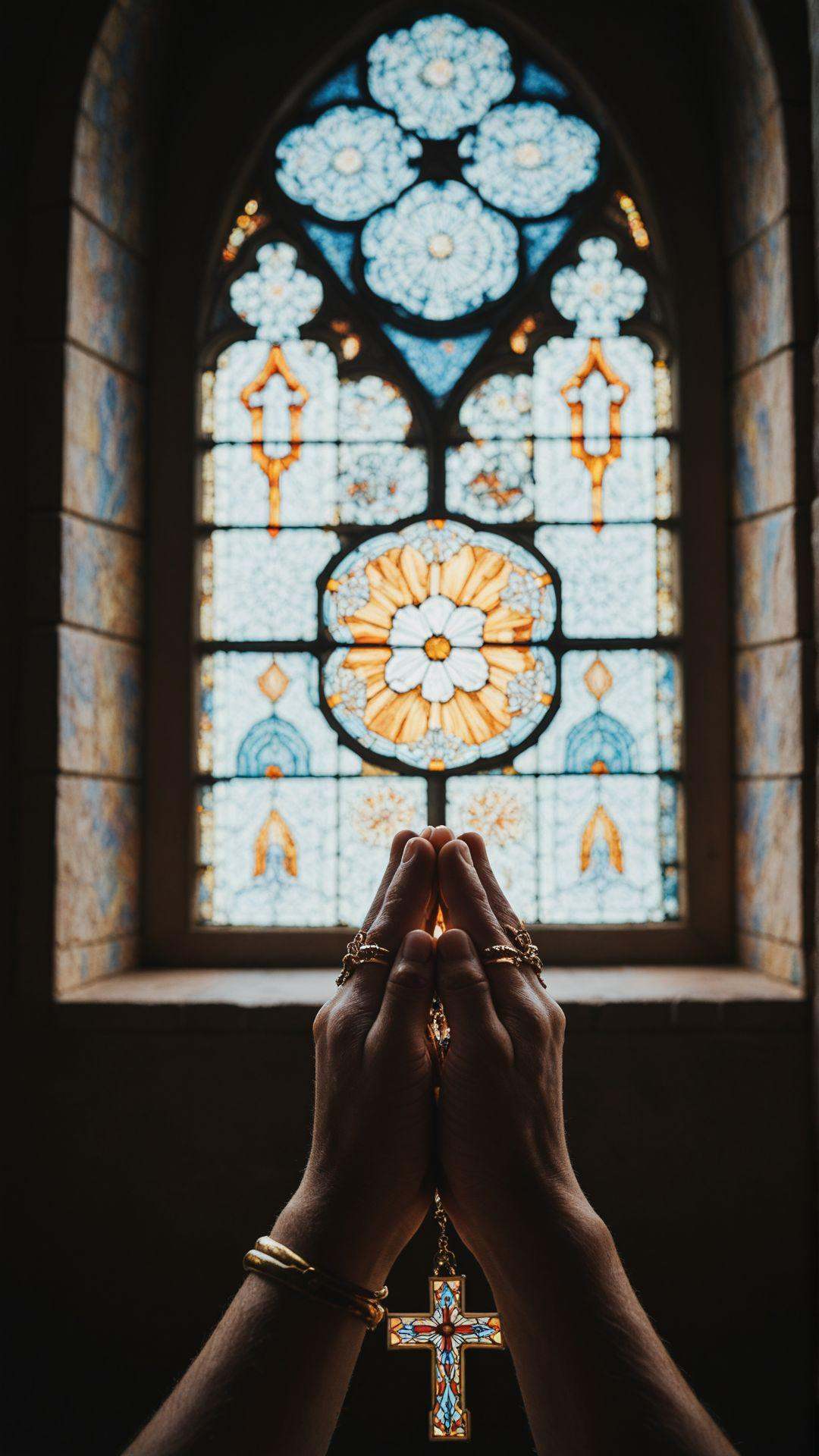 Two hands clasped together in prayer,  the soft glow of a stained-glass window illuminating the delicate rosary wrapped ar...
