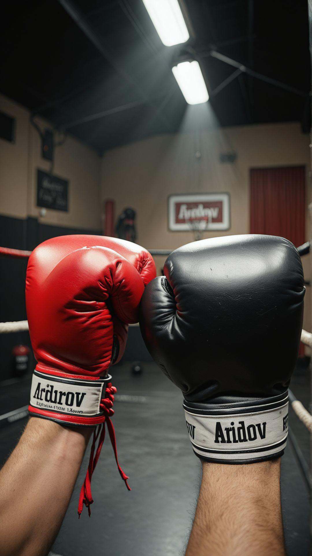Two hands tying the laces of a well-worn pair of boxing gloves,  preparing for the fight of a lifetime under harsh,  overh...