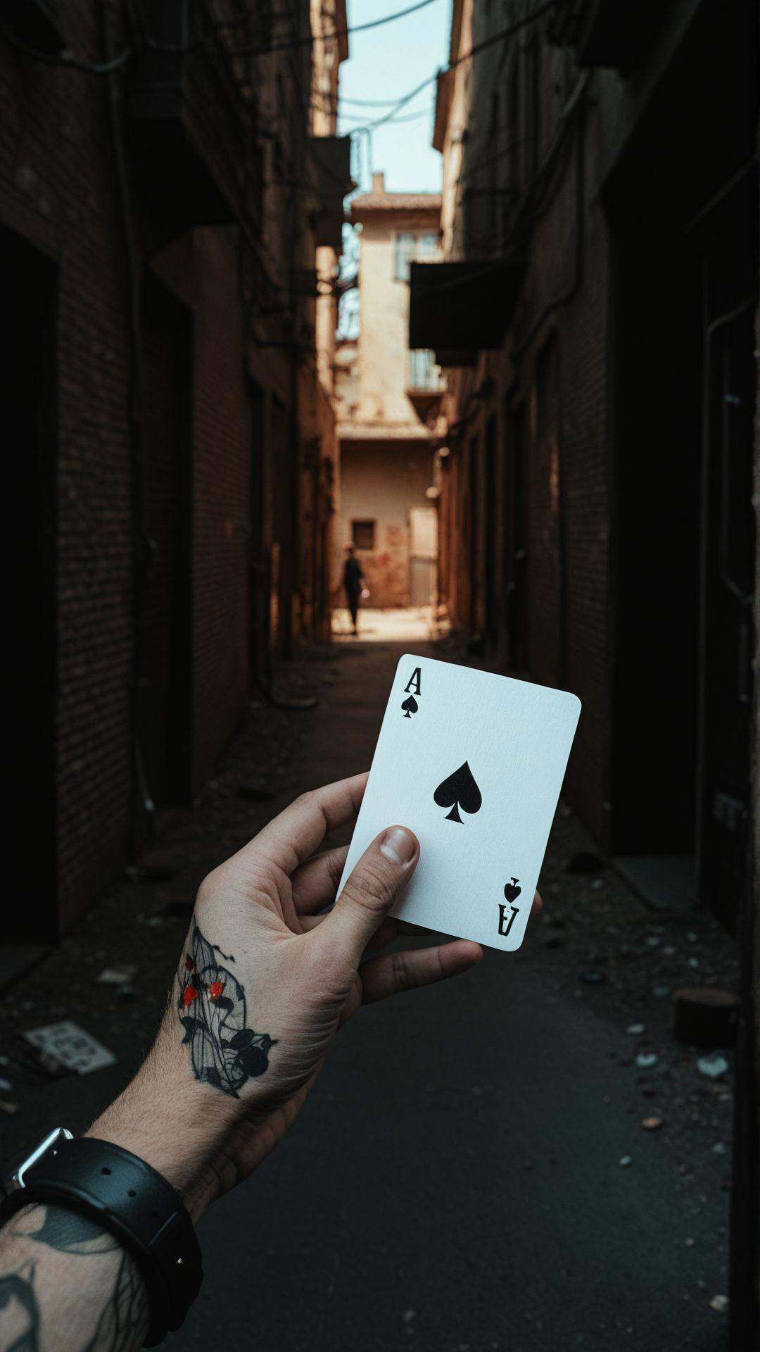 A tattooed hand reaching out of a dark alley,  holding a mysterious playing card—the Ace of Spades—dripping with fresh blo...