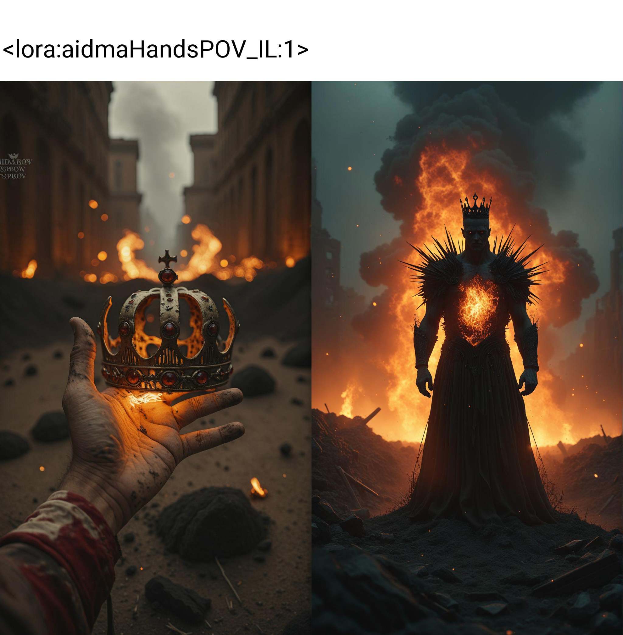 A blood-stained hand gripping a cracked crown,  the once-majestic golden surface covered in dirt,  reflecting the light of...