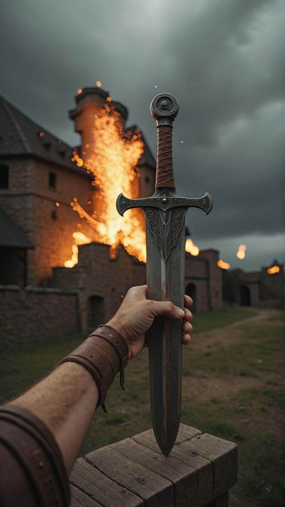 A hand gripping a medieval longsword,  pointed toward a massive dragon flying in the stormy sky. Sparks of fire reflect of...