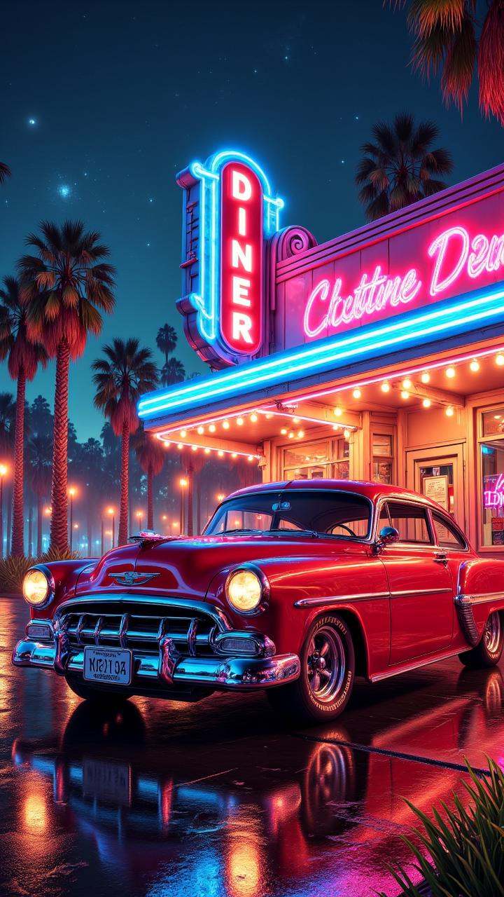 A vintage poster featuring a classic car from the 1950s,  parked in front of a retro diner with neon lights. ,  aidmadalle...