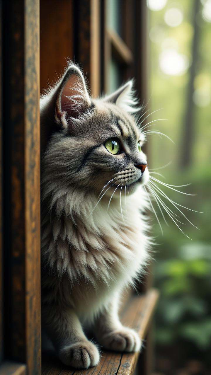 A Wispy Ragdoll Cat with Tousled,  curly whiskers and a piercing green eyes gazes out from the window of a Glittering Hedg...