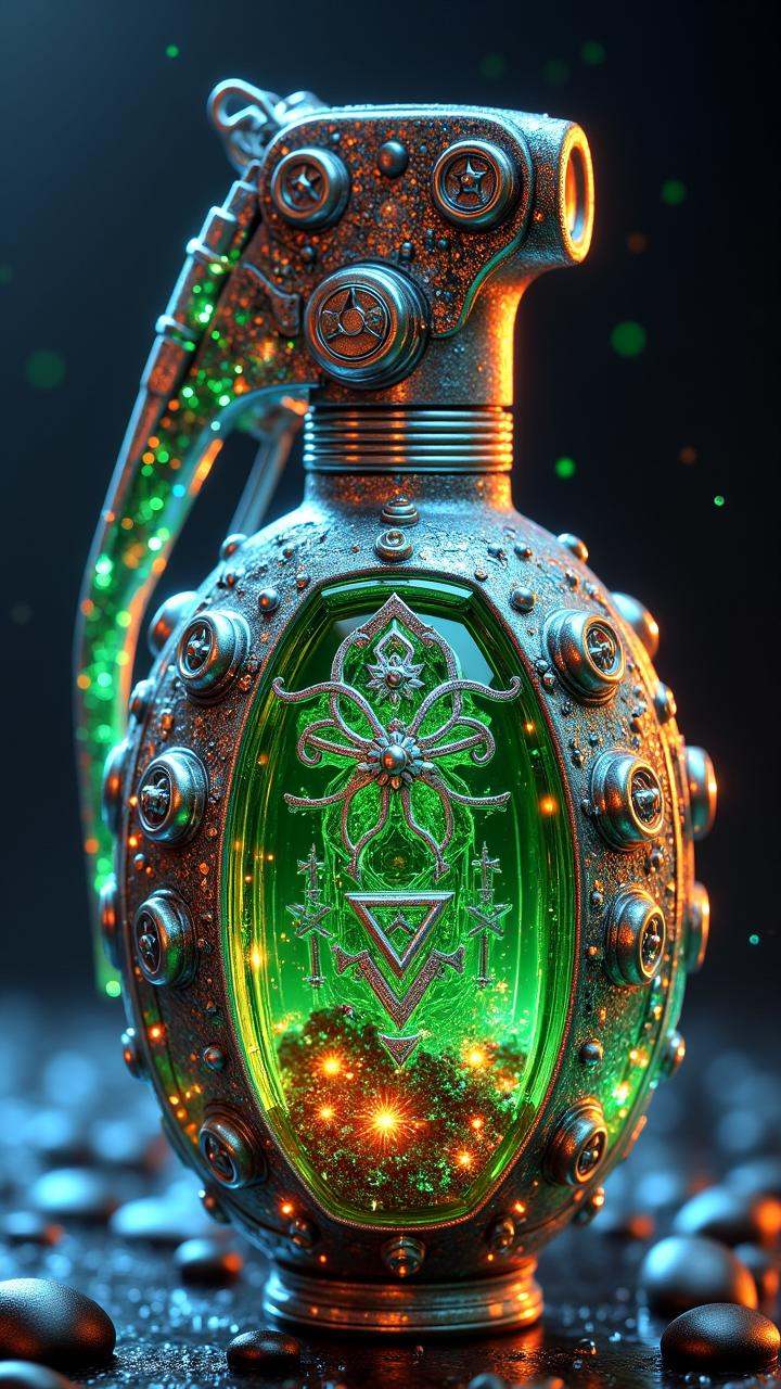 A holographic grenade that flickers between visibility and invisibility,  made of liquid Multi-tiered encased in a Chic,...