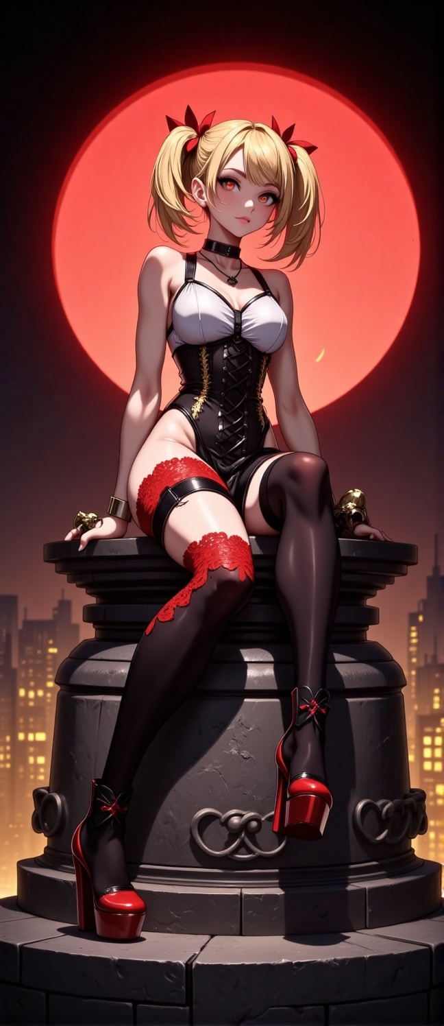 The image depicts a stylized,  anime-style character sitting on a decorative stone pedestal. The character has long blonde...