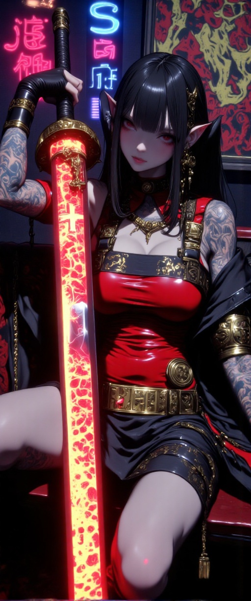 A cinematic photograph of a sultry cyberpunk mistress seated on a dark cult altar,  surrounded by neon lights and reflecti...