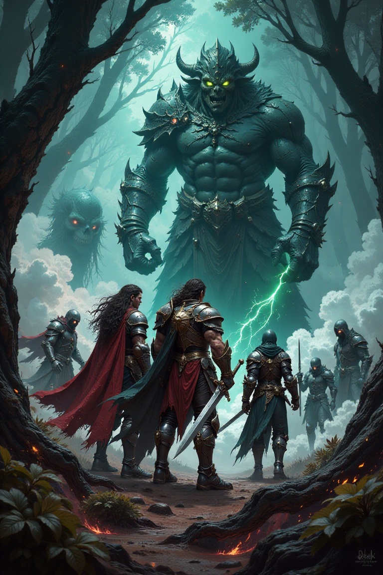 Illustration in the style of darksurrealist,  Three knights stand in a defensive formation within a misty forest. The lead...