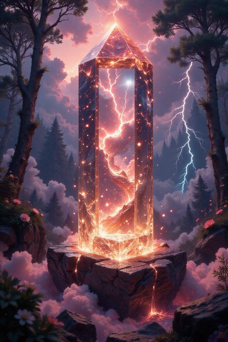 Illustration in the style of darksurrealist,  a large glowing transparent natural regular crystal,  mystic fog inside on T...