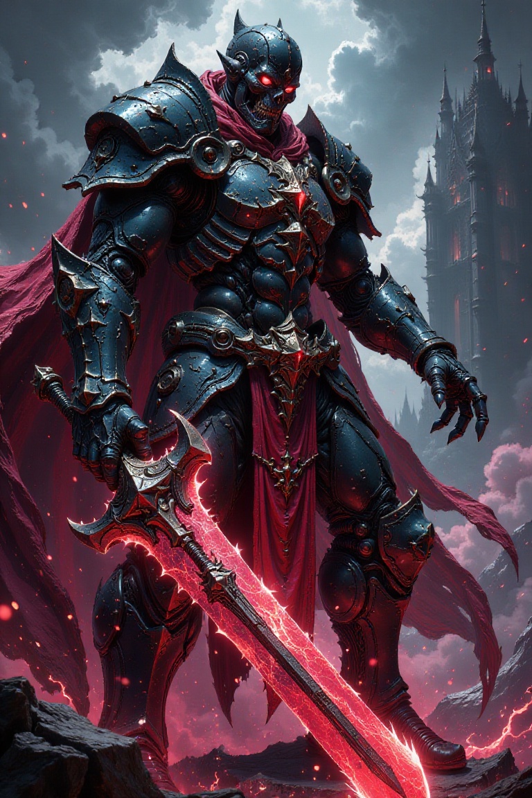 Illustration in the style of darksurrealist,  highly detailed a close up of a Death Knight holding a giant glowing sword,...