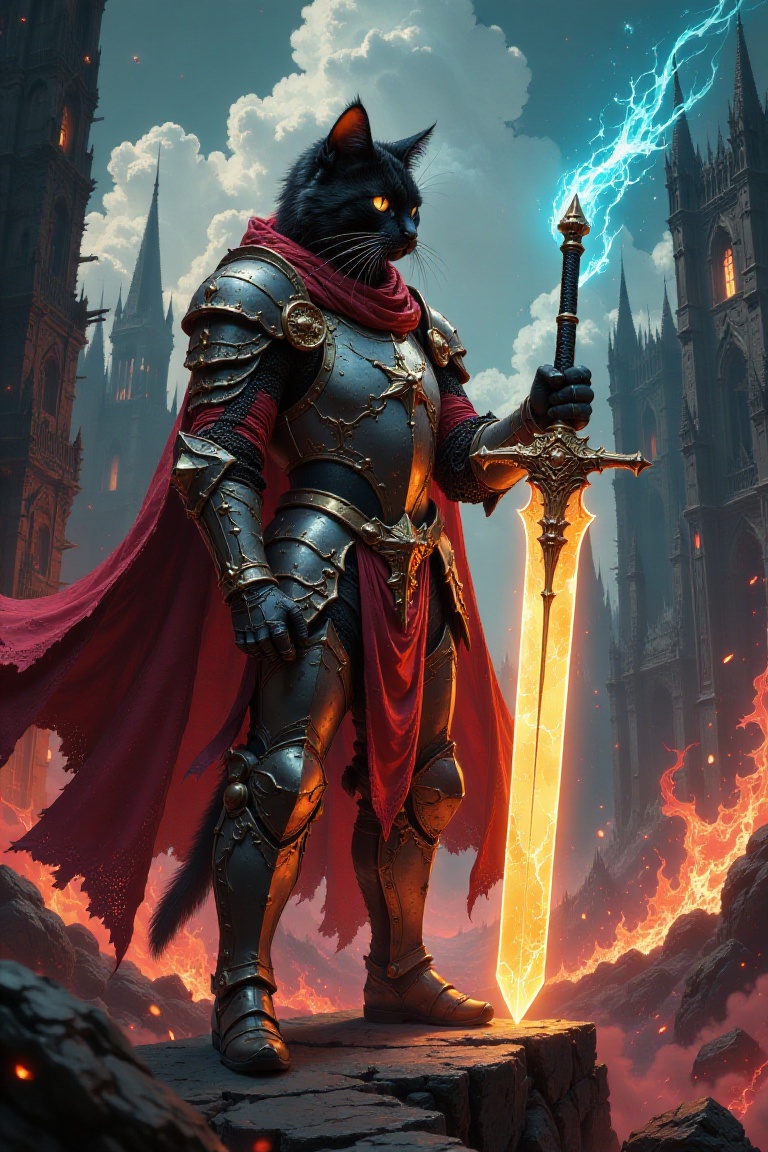 Illustration in the style of darksurrealist,  a knight of cat stand like human in the ruined city,  The Knight was holding...